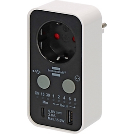 Brennenstuhl timer wandcontactdoos met LED display, 1x USB A, 1x USB-C, aftellen 15 min tot 8 uur, zwart/wit