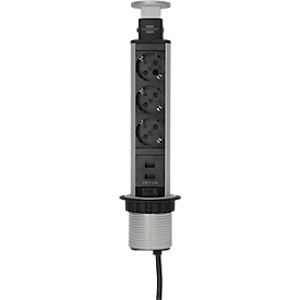 Brennenstuhl Tower Power aluminium tafelcontactdoos, 3 aardingscontactstoppen in 45°-opstelling, 2 USB-stekkers, uitschuifbaar, 2 m kabel, L 335 x B 85 x D 120 mm, zilver/zwart
