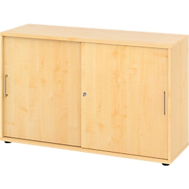 Breno schuifdeurkast, afsluitbaar, spaanplaat, gemelamineerd, B 1200 x D 400 x H 748 mm, 2 dossierhoogtes, ahorn/mapulier