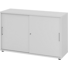 Breno schuifdeurkast, afsluitbaar, spaanplaat, gemelamineerd, B 1200 x D 400 x H 748 mm, 2 dossierhoogtes, lichtgrijs/lichtgrijs