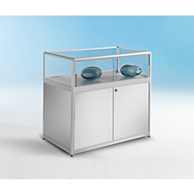 BST table display case, fire protection class B1, 1 shelf and 1 storage compartment, lockable sliding doors, W 480 x D 600 x H 1020 mm, aluminum/glass/metal, silver