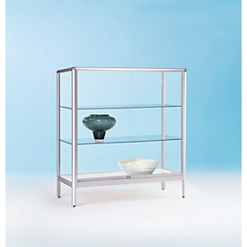 BST vrijstaande vitrinekast, halfhoog, brandveiligheidsklasse B1, 3 compartimenten, afsluitbare schuifdeuren, B 1000 x D 500 x H 1020 mm, aluminium/glas, zilver