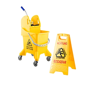 Bucket on wheels, 1 compartment, capacity 37 l, with press + free "Slippery Floor" sign