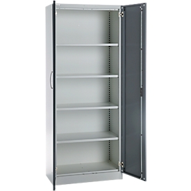 Büroschrank, 5 OH, abschließbar, mit aufliegenden Türen, B 800 mm, Basaltgrau/Weißalu