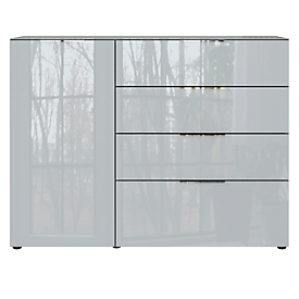 Buffet, avec 4 tiroirs et 1 porte, façade et dessus en verre, L 1340 x P 420 x H 1020 mm, graphite/gris argenté