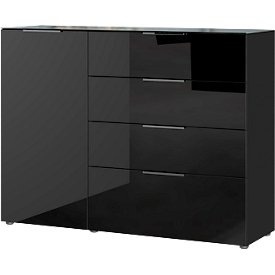 Buffet, avec 4 tiroirs et 1 porte, façade et dessus en verre, L 1340 x P 420 x H 1020 mm, noir
