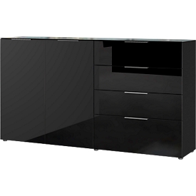 Buffet, avec 4 tiroirs et 2 portes, façade et dessus en verre, L 1840 x P 420 x H 1020 mm, noir