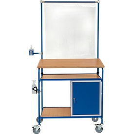 Bureau à roulettes, 3 étagères, armoire, cadre de protection contre les infections, 2 supports pour bouteilles de désinfectant / flacons pulvérisateurs, RAL 5007
