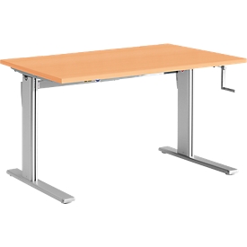 Bureau assis/debout, table à manivelle standard, hauteur ajustable, l. 1200 mm, coloris hêtre/alu blanc 