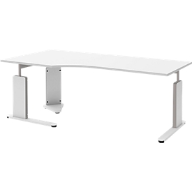 Bureau BARI, pieds en C, forme B, asymétrique, extension à droite, l. 2000 mm, blanc