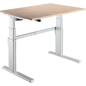 Bureau Confort, hauteur réglable électriquement, rectangulaire, piétement en C, L 1200 x P 800 x H 655-1305 mm, chêne/aluminium blanc RAL 9006