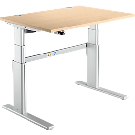 Bureau Confort, hauteur réglable électriquement, rectangulaire, piétement en C, L 1200 x P 800 x H 655-1305 mm, érable/aluminium blanc RAL 9006