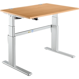 Bureau Confort, hauteur réglable électriquement, rectangulaire, piétement en C, L 1200 x P 800 x H 655-1305 mm, hêtre/aluminium blanc RAL 9006