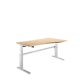 Bureau Confort, réglage électrique de la hauteur, forme libre, approche à droite, pied en C, L 1800 x P 1000/800 x H 655-1305 mm, érable/alu blanc