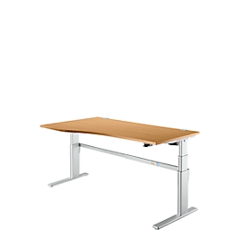 Bureau Confort, réglage électrique de la hauteur, forme libre, approche à gauche, pied en C, L 1800 x P 1000/800 x H 655-1305 mm, hêtre/alu blanc