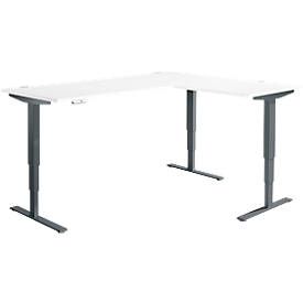 Bureau d'angle AERO FLEX, réglage électrique de la hauteur, angle 90°, pied en T, L 2000 x P 1600 mm, blanc/anthracite + panneau de mémoire