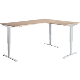 Bureau d'angle AERO FLEX, réglage électrique de la hauteur, angle 90°, pied en T, L 2000 x P 1600 mm, chêne/alu blanc + panneau de mémoire