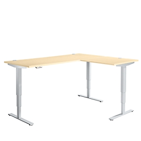 Bureau d'angle AERO FLEX, réglage électrique de la hauteur, angle 90°, pied en T, L 2000 x P 1600 mm, érable/blanc alu + panneau de mémoire