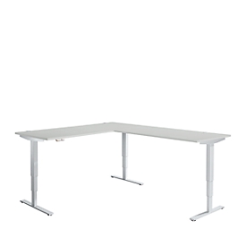 Bureau d'angle AERO FLEX, réglage électrique de la hauteur, angle 90°, pied en T, L 2000 x P 2400 mm, gris clair/blanc alu + panneau de mémoire