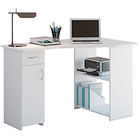 Bureau d'angle, angle droit, 2 étagères &amp; 1 placard avec tiroir, L 1180 x P 770 x H 760 mm, blanc