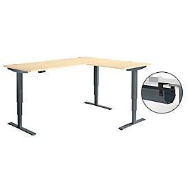 Bureau d'angle Genius AERO FLEX - réglage électrique de la hauteur - angle 90° - L 2000 x P 1600 mm – avec panneau de mémoire + passage de câbles - pied en C anthracite – décor érable - Schäfer Shop Genius