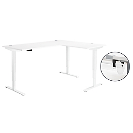 Bureau d'angle Genius AERO FLEX - réglage électrique de la hauteur - angle 90° - L 2000 x P 1600 mm – avec panneau de mémoire + passage de câbles - pied en C blanc – blanc - Schäfer Shop Genius