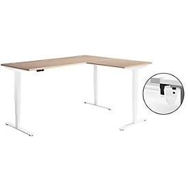 Bureau d'angle Genius AERO FLEX - réglage électrique de la hauteur - angle 90° - L 2000 x P 1600 mm – avec panneau de mémoire + passage de câbles - pied en C blanc – décor chêne - Schäfer Shop Genius