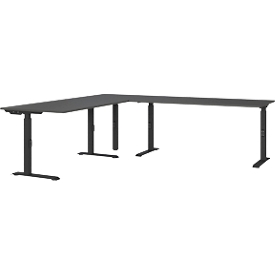 Bureau d'angle Porto, réglage mécanique de la hauteur, piétement en C, y compris table d'extension avec pied support, L 1400/1800 x P 2200 x H 680-910 mm, graphite/noir
