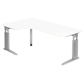 Bureau d'angle TARVIS, l. 2000 x P 1200/800 x H 680 - 860 mm, armature argentée, blanc