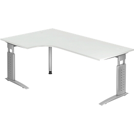 Bureau d'angle TARVIS, l. 2000 x P 1200/800 x H 680 - 860 mm, armature argentée, gris clair