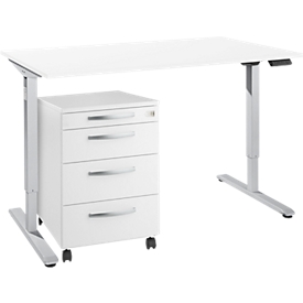 Bureau - elektrisch in hoogte verstelbaar - B 1600 x H 755-1255 mm - T-voet blank alu - met geheugen bedieningspaneel - met kabelgoot - met verrijdbaar ladeblok - wit