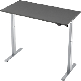 Bureau, elektrisch in hoogte verstelbaar, rechthoekig, T-poot, B 1300 x D 650 x H 720-1200 mm, grafiet/zilver