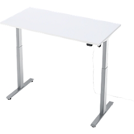 Bureau, elektrisch in hoogte verstelbaar, rechthoekig, T-poot, B 1300 x D 650 x H 720-1200 mm, wit/zilver