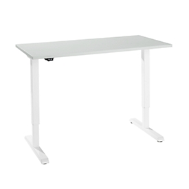 Bureau, elektrisch in hoogte verstelbaar, rechthoekig, T-voet, B 1300 x D 650 x H 715-1205 mm, lichtgrijs/wit 