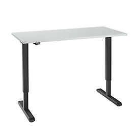 Bureau, elektrisch in hoogte verstelbaar, rechthoekig, T-voet, B 1300 x D 650 x H 715-1205 mm, lichtgrijs/zwart 