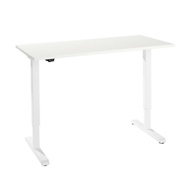 Bureau, elektrisch in hoogte verstelbaar, rechthoekig, T-voet, B 1300 x D 650 x H 715-1205 mm, wit/wit 
