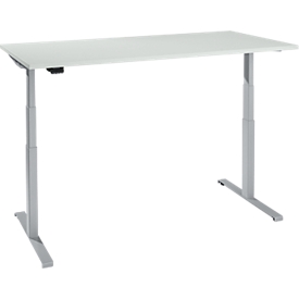 Bureau, elektrisch in hoogte verstelbaar, T-voet, B 1600 x D 800 x H 620-1270 mm, alu lichtgrijs/wit + memoryschakelaar