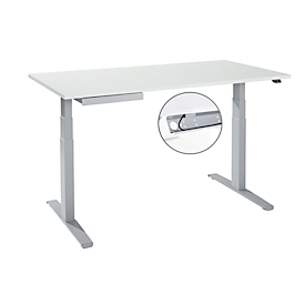Bureau, elektrisch in hoogte verstelbaar, T-voet, B 1600 x D 800 x H 645-1290 mm, alu lichtgrijs/wit + kabelgoot, accessoirelade