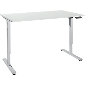 Bureau, elektrisch in hoogte verstelbaar, T-voet, B 1600 x D 800 x H 755-1255 mm, alu lichtgrijs/wit + memory-bedieningspaneel, kabelgoot