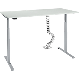Bureau, elektrisch in hoogte verstelbaar, T-voet, H 620-1270 mm, aluminium lichtgrijs/wit + memory control en gratis Quadro kabelslang