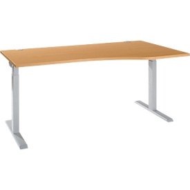 Bureau ERGO-T 2.0, forme libre, fixation à droite, pied en T, L 1800 x P 1000/800 x H 675-895 mm, hêtre/aluminium blanc 