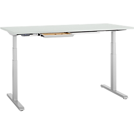 Bureau, hauteur réglable électriquement, L 1600 x P 800 x H 615 - 1275 mm, gris clair/alu blanc+ passage de câbles, tiroir