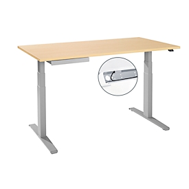 Bureau, hauteur réglable électriquement, piétement en T, L 1600 x P 800 x H 645-1290 mm, érable/aluminium blanc + passage de câbles, tiroir pour accessoires