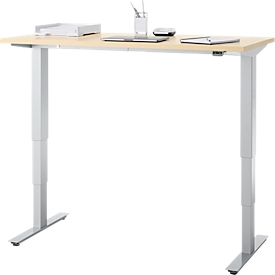 Bureau, hauteur réglable électriquement, piétement en T sans traverse, L 1300 x P 650 x H 605-1265 mm, érable/argenté