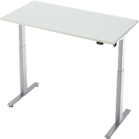 Bureau, hauteur réglable électriquement, rectangulaire, pied en T, L 1300 x P 650 x H 720-1200 mm, gris clair/argenté