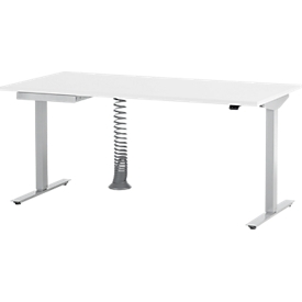 Bureau, hauteur réglable électriquement, rectangulaire, piétement en T, L 1600 mm, blanc/blanc alu + tiroir &amp; spirale de câbles