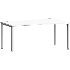 Bureau MODENA FLEX, forme libre, approche à droite, 4 pieds en tube carré, L 1800 x P 1000/800 x H 720-820 mm, blanc/aluminium blanc