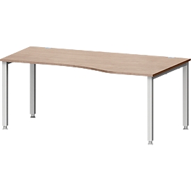 Bureau MODENA FLEX, forme libre, approche à droite, 4 pieds en tube carré, L 1800 x P 1000/800 x H 720-820 mm, chêne/aluminium blanc