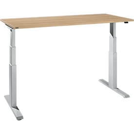 Bureau NEVADA - réglage électrique de la hauteur - 2 niveaux- L 1600 x P 800 x H 640-1300 mm - piètement en T alu blanc - décor chêne - notre marque Schäfer Shop Select