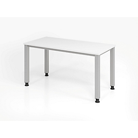 Bureau, rectangulaire, 4 pieds, tube carré, L 1400 x P 672 x H 685-810 mm, blanc/argenté